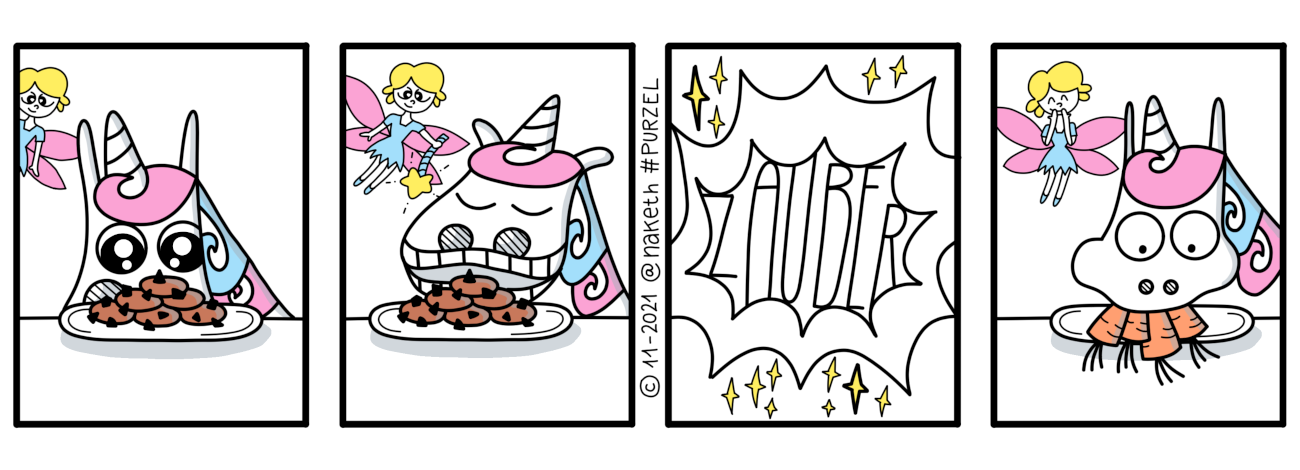 Webcomic mit dem Titel Verzaubert. Purzel entdeckt einen Teller Kekse, öffnet den Mund weit, um sie zu verschlingen. Just in diesem Moment erscheint eine Fee und verwandelt die Kekse, so dass Purzel einen Bund Kartotten im Maul hat. Igitt, Gemüse!