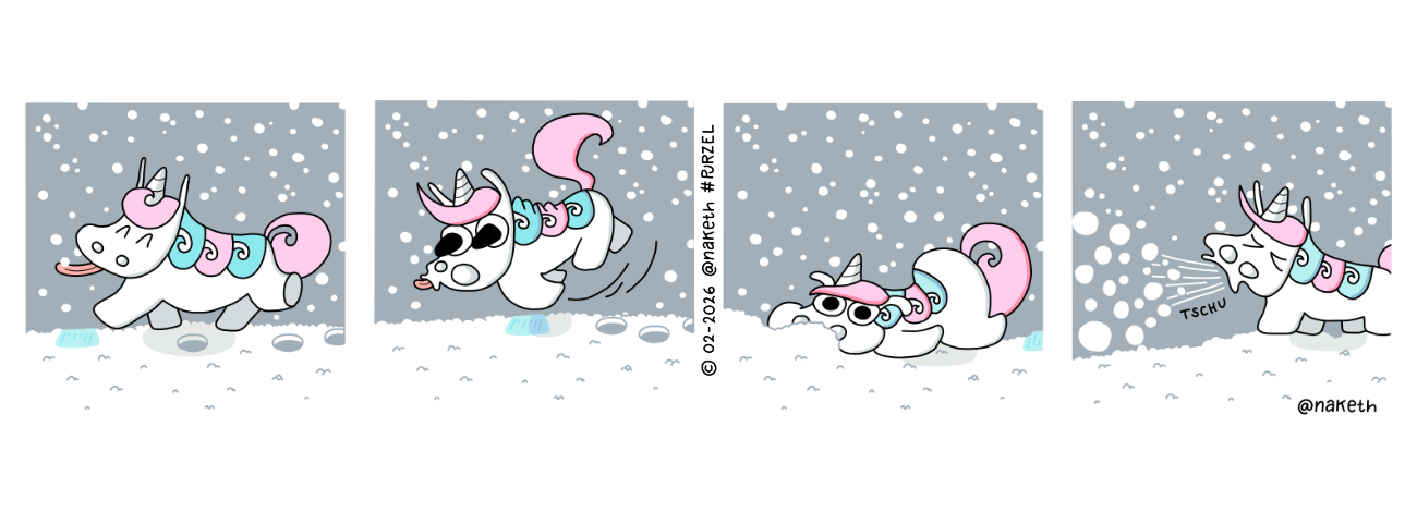 Webcomic mit dem Titel: Schneeflocken. Purzel trabt durch den Schnee und fängt Schneeflocken mit der Zunge bis er auf einem Eisflecken ausrutscht. Beim Hinfallen frisst er einen Haufen Schnee, den er wieder ausspuckt.