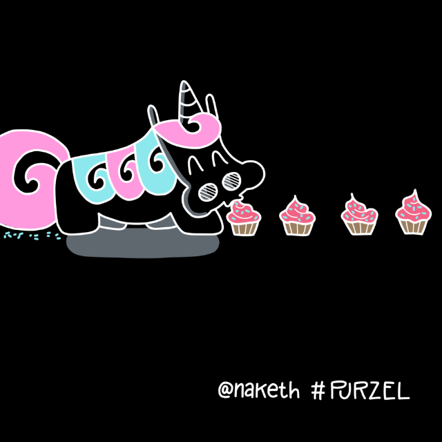 Wallpaper für den Darkmode mit Purzel, der einer Cupcake Spur folgt und sie alle auffisst.