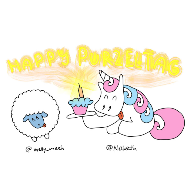 Zeichnung einer Purzeltagsparty mit Naketh, Purzel und einer Twitter-Nutzerin, die ihrem Avatarbild entsprechend als Schaf dargestellt ist.