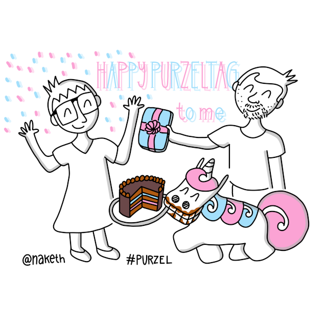 Zeichnung, wie Purzel eine Regenbogentorte zu Naketh an ihrem Geburtstag bringt. Er hat das Tablett zwischen den Zähnen. Von ihm aus sieht man, dass ein grosses Stück fehlt und seine Lippen sehr schokoladig sind.