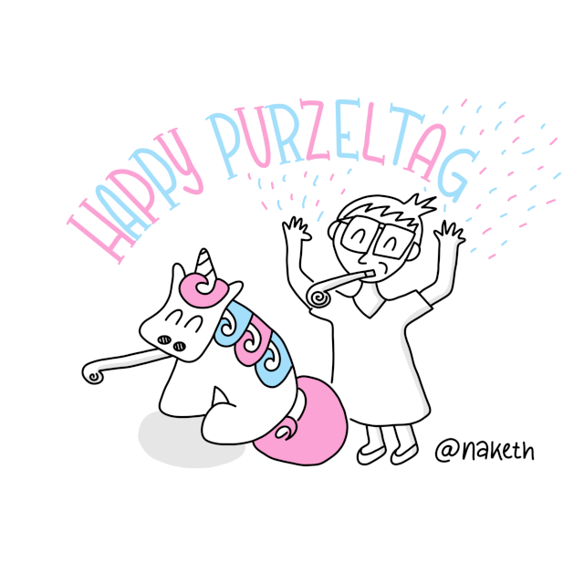 Eine Zeichnung von Naketh und Purzel, die Purzeltag feiern. Beide blasen in eine Partypfeife und Naketh schmeisst Konfetti.