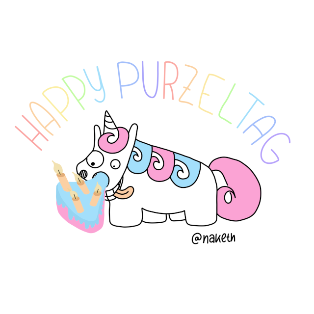Zeichnung von Purzel, der gerade eine Torte durch die Nüstern einsaugt. Darüber steht in Regenbogenfarben: Happy Purzeltag.
